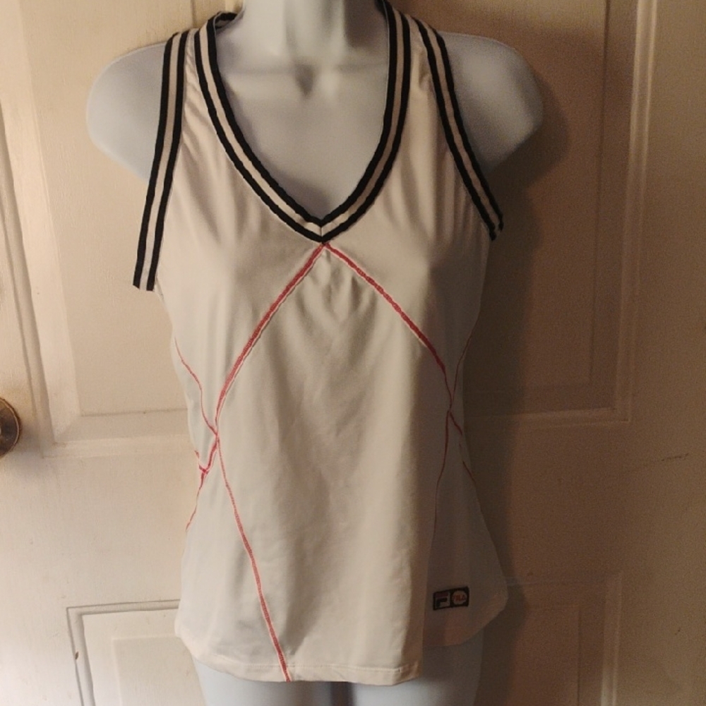 Fila White Workout Top with Black and Red Accents